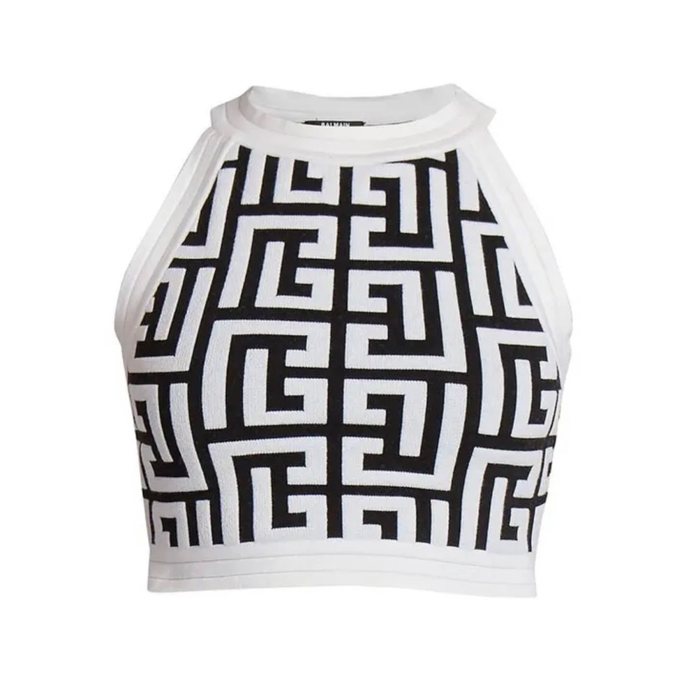 NWT Balmain Women’s Cropped Knit Monogram Tank Top Noir Blanc